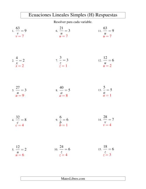 La hoja de ejercicios de Resolver Ecuaciones Lineales de la Forma a/x = c sin Valores Negativos (H) Página 2