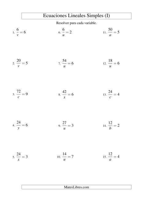 La hoja de ejercicios de Resolver Ecuaciones Lineales de la Forma a/x = c sin Valores Negativos (I)