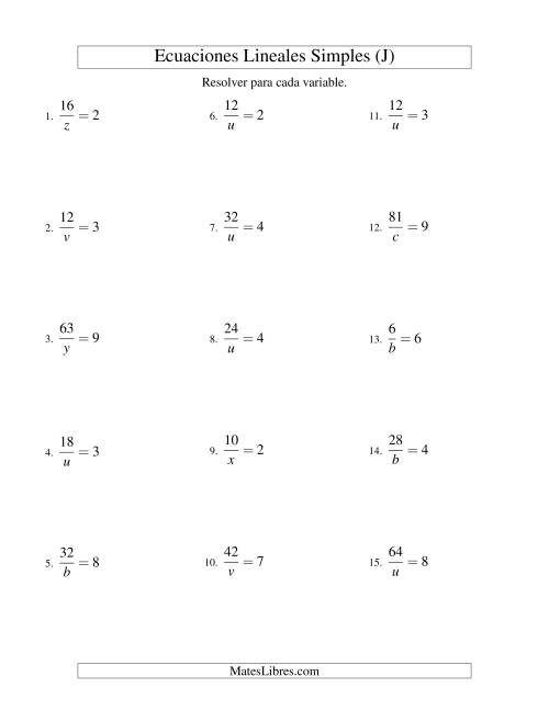 La hoja de ejercicios de Resolver Ecuaciones Lineales de la Forma a/x = c sin Valores Negativos (J)