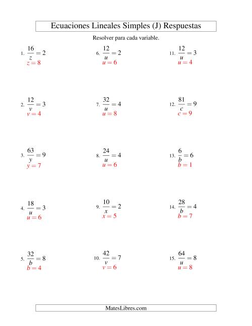 La hoja de ejercicios de Resolver Ecuaciones Lineales de la Forma a/x = c sin Valores Negativos (J) Página 2