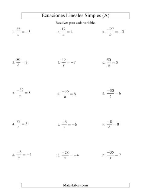 La hoja de ejercicios de Resolver Ecuaciones Lineales de la Forma a/x = c con Valores Negativos (A)