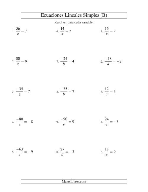 La hoja de ejercicios de Resolver Ecuaciones Lineales de la Forma a/x = c con Valores Negativos (B)