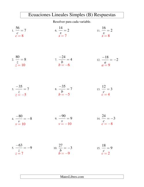 La hoja de ejercicios de Resolver Ecuaciones Lineales de la Forma a/x = c con Valores Negativos (B) Página 2