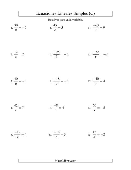La hoja de ejercicios de Resolver Ecuaciones Lineales de la Forma a/x = c con Valores Negativos (C)