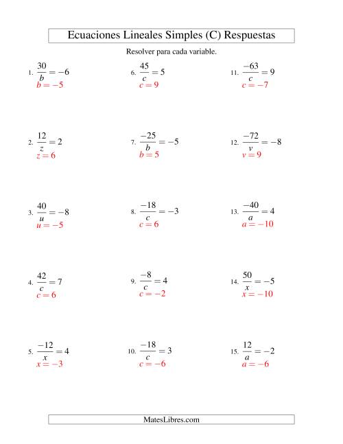 La hoja de ejercicios de Resolver Ecuaciones Lineales de la Forma a/x = c con Valores Negativos (C) Página 2