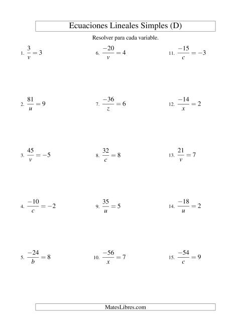 La hoja de ejercicios de Resolver Ecuaciones Lineales de la Forma a/x = c con Valores Negativos (D)