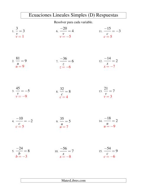 La hoja de ejercicios de Resolver Ecuaciones Lineales de la Forma a/x = c con Valores Negativos (D) Página 2