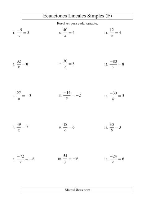 La hoja de ejercicios de Resolver Ecuaciones Lineales de la Forma a/x = c con Valores Negativos (F)