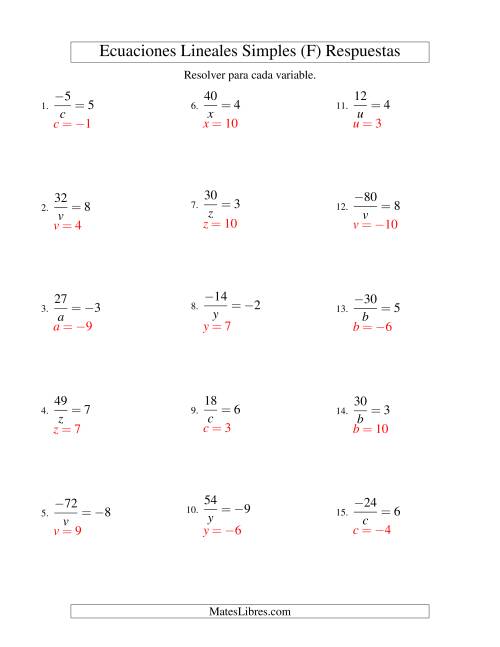 La hoja de ejercicios de Resolver Ecuaciones Lineales de la Forma a/x = c con Valores Negativos (F) Página 2