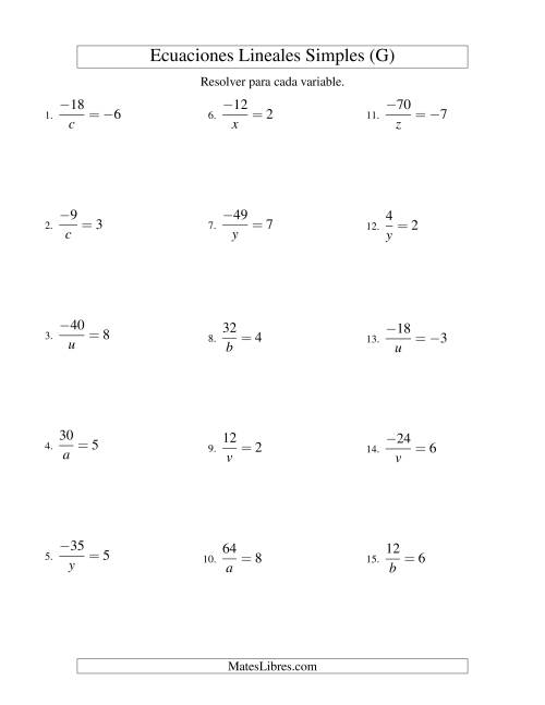 La hoja de ejercicios de Resolver Ecuaciones Lineales de la Forma a/x = c con Valores Negativos (G)