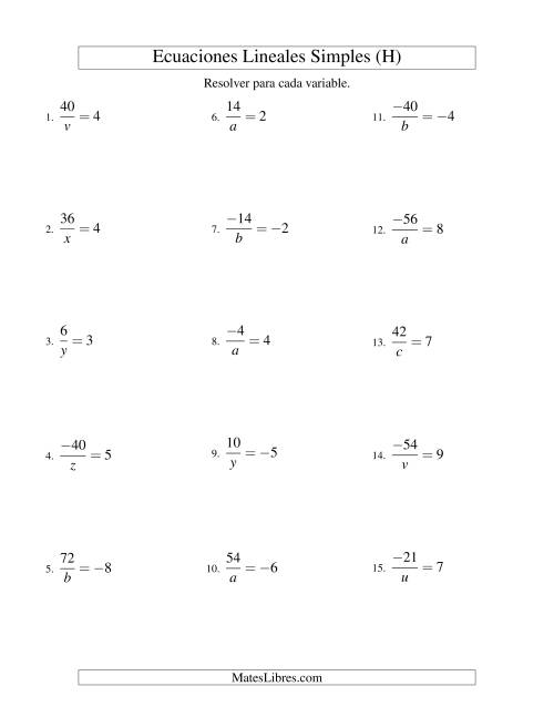 La hoja de ejercicios de Resolver Ecuaciones Lineales de la Forma a/x = c con Valores Negativos (H)