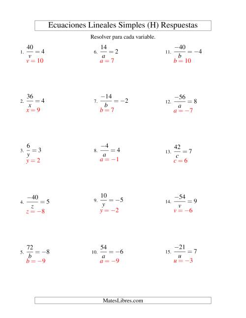 La hoja de ejercicios de Resolver Ecuaciones Lineales de la Forma a/x = c con Valores Negativos (H) Página 2