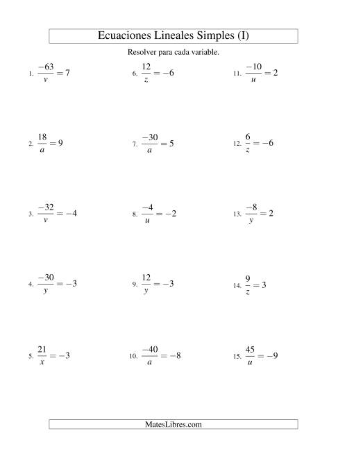 La hoja de ejercicios de Resolver Ecuaciones Lineales de la Forma a/x = c con Valores Negativos (I)