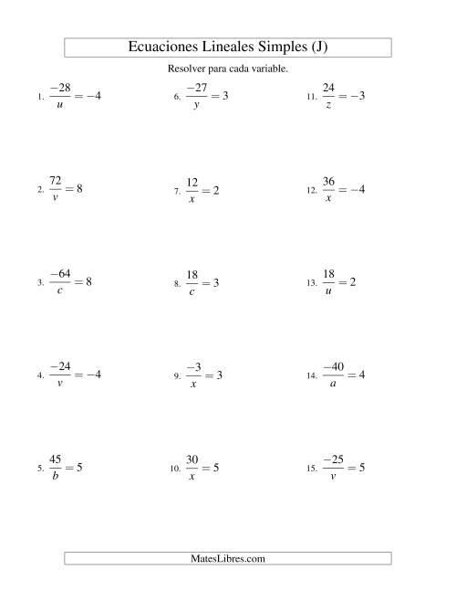 La hoja de ejercicios de Resolver Ecuaciones Lineales de la Forma a/x = c con Valores Negativos (J)