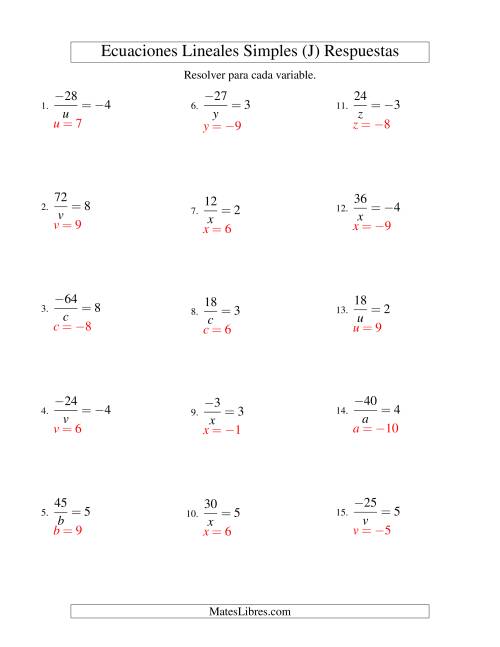La hoja de ejercicios de Resolver Ecuaciones Lineales de la Forma a/x = c con Valores Negativos (J) Página 2