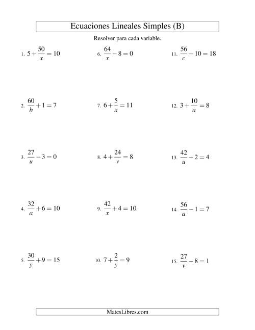 La hoja de ejercicios de Resolver Ecuaciones Lineales de la Forma a/x ± b = c sin Valores Negativos (B)
