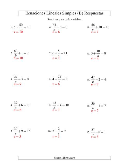 La hoja de ejercicios de Resolver Ecuaciones Lineales de la Forma a/x ± b = c sin Valores Negativos (B) Página 2
