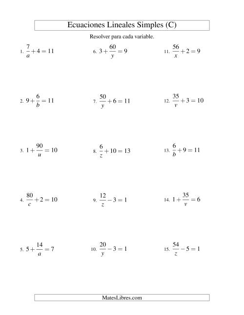 La hoja de ejercicios de Resolver Ecuaciones Lineales de la Forma a/x ± b = c sin Valores Negativos (C)