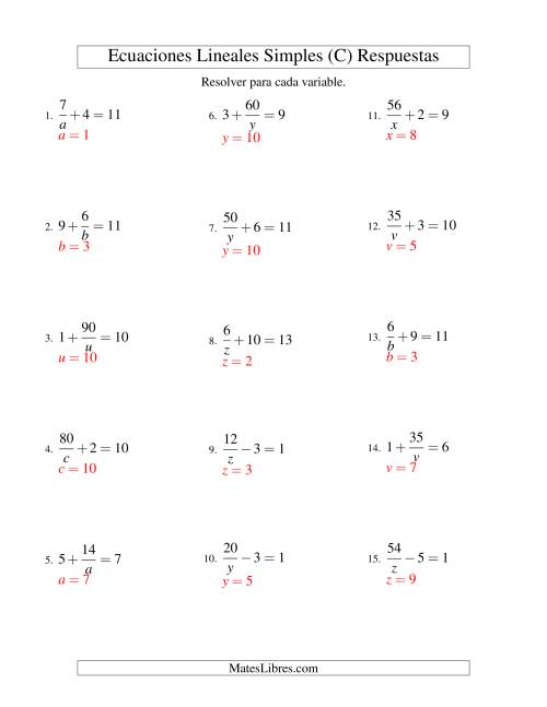 La hoja de ejercicios de Resolver Ecuaciones Lineales de la Forma a/x ± b = c sin Valores Negativos (C) Página 2