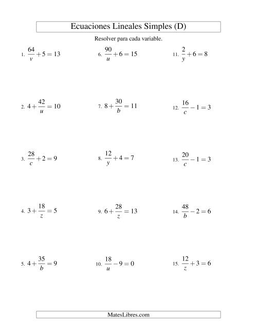La hoja de ejercicios de Resolver Ecuaciones Lineales de la Forma a/x ± b = c sin Valores Negativos (D)