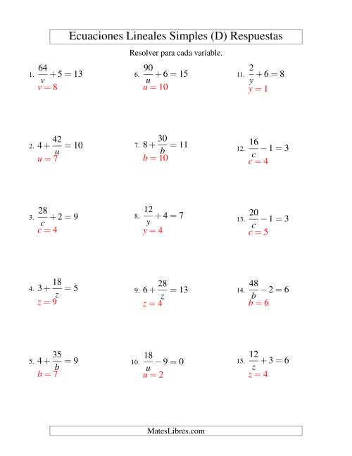 La hoja de ejercicios de Resolver Ecuaciones Lineales de la Forma a/x ± b = c sin Valores Negativos (D) Página 2