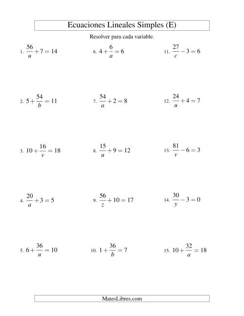 La hoja de ejercicios de Resolver Ecuaciones Lineales de la Forma a/x ± b = c sin Valores Negativos (E)