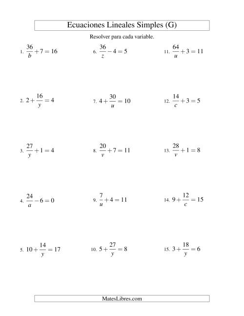 La hoja de ejercicios de Resolver Ecuaciones Lineales de la Forma a/x ± b = c sin Valores Negativos (G)