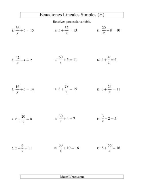 La hoja de ejercicios de Resolver Ecuaciones Lineales de la Forma a/x ± b = c sin Valores Negativos (H)