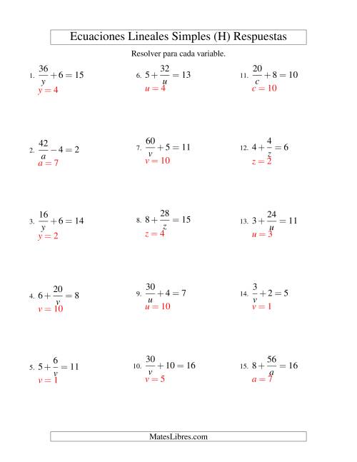 La hoja de ejercicios de Resolver Ecuaciones Lineales de la Forma a/x ± b = c sin Valores Negativos (H) Página 2