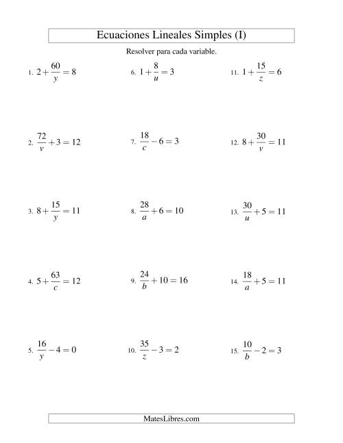 La hoja de ejercicios de Resolver Ecuaciones Lineales de la Forma a/x ± b = c sin Valores Negativos (I)