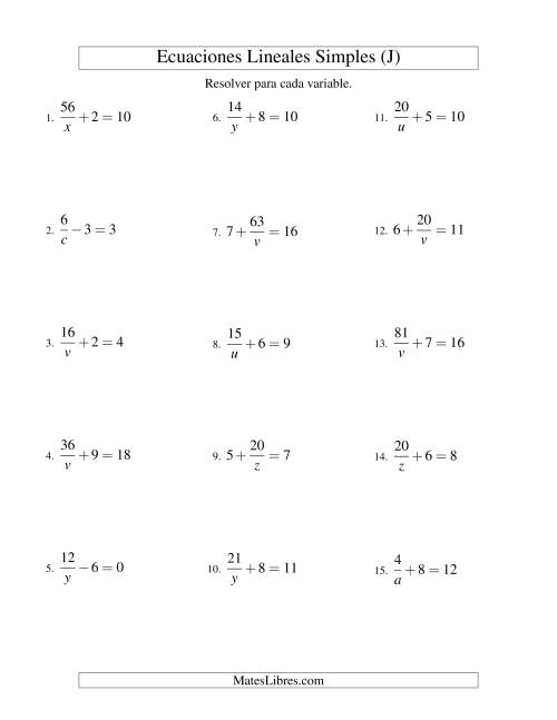 La hoja de ejercicios de Resolver Ecuaciones Lineales de la Forma a/x ± b = c sin Valores Negativos (J)