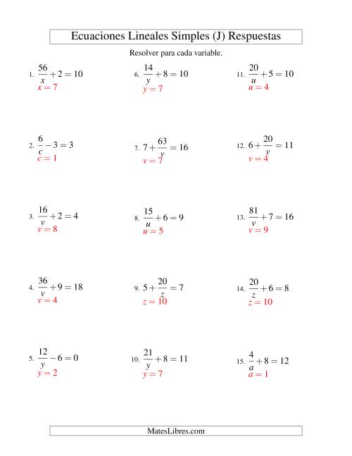 La hoja de ejercicios de Resolver Ecuaciones Lineales de la Forma a/x ± b = c sin Valores Negativos (J) Página 2