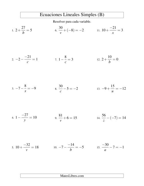 La hoja de ejercicios de Resolver Ecuaciones Lineales de la Forma a/x ± b = c con Valores Negativos (B)