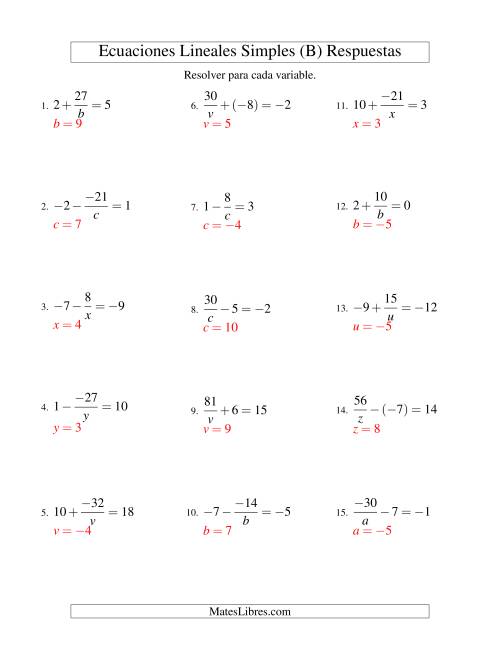 La hoja de ejercicios de Resolver Ecuaciones Lineales de la Forma a/x ± b = c con Valores Negativos (B) Página 2