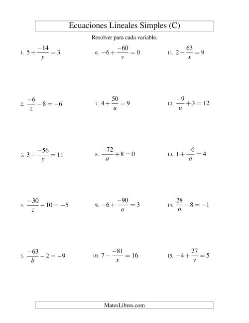 La hoja de ejercicios de Resolver Ecuaciones Lineales de la Forma a/x ± b = c con Valores Negativos (C)
