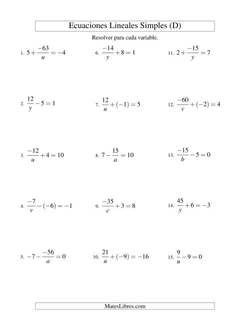 La hoja de ejercicios de Resolver Ecuaciones Lineales de la Forma a/x ± b = c con Valores Negativos (D)