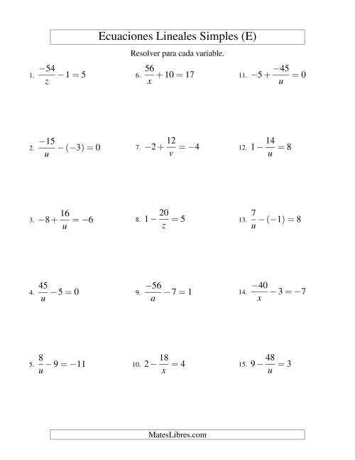 La hoja de ejercicios de Resolver Ecuaciones Lineales de la Forma a/x ± b = c con Valores Negativos (E)