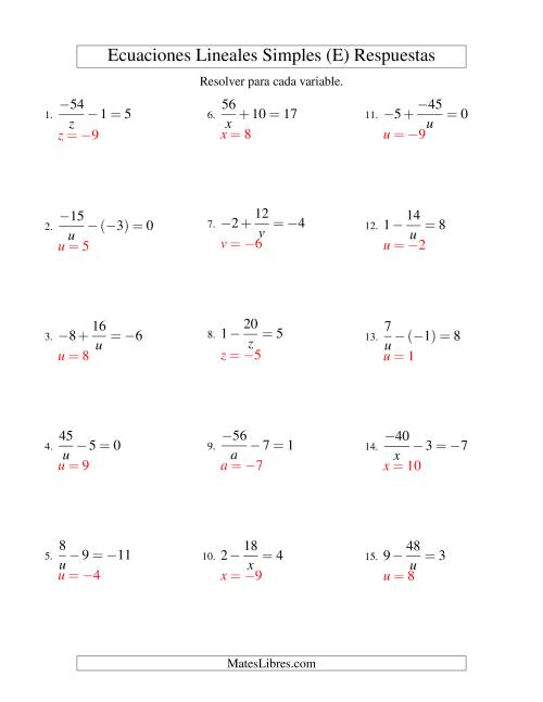 La hoja de ejercicios de Resolver Ecuaciones Lineales de la Forma a/x ± b = c con Valores Negativos (E) Página 2