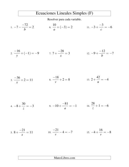 La hoja de ejercicios de Resolver Ecuaciones Lineales de la Forma a/x ± b = c con Valores Negativos (F)