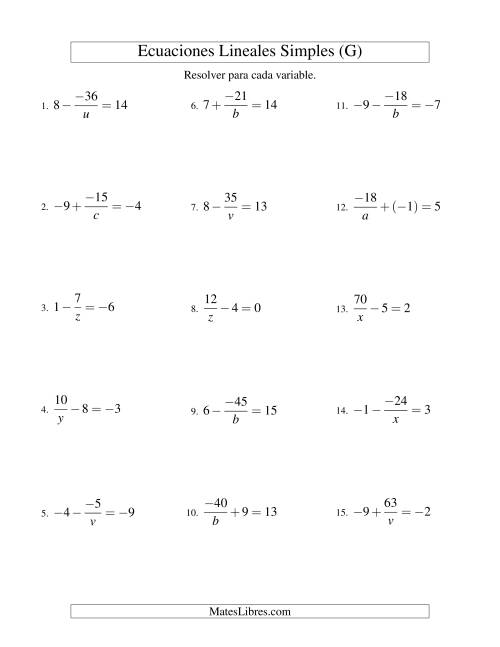 La hoja de ejercicios de Resolver Ecuaciones Lineales de la Forma a/x ± b = c con Valores Negativos (G)