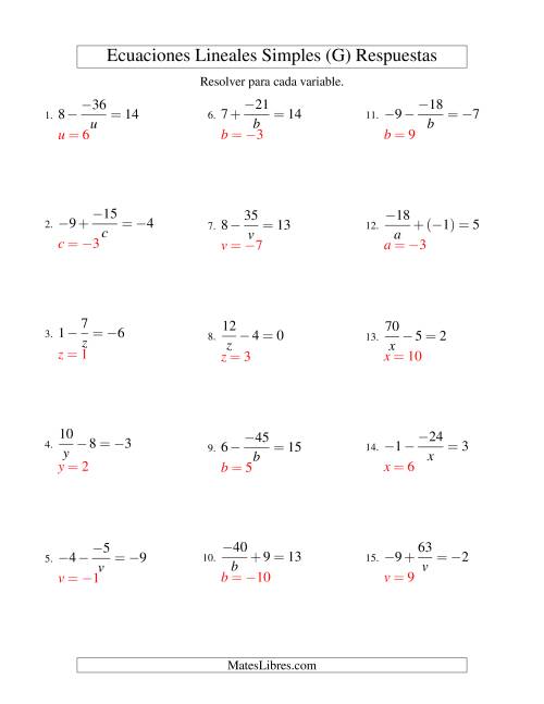 La hoja de ejercicios de Resolver Ecuaciones Lineales de la Forma a/x ± b = c con Valores Negativos (G) Página 2