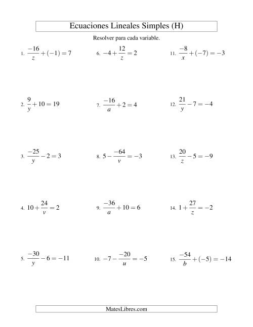 La hoja de ejercicios de Resolver Ecuaciones Lineales de la Forma a/x ± b = c con Valores Negativos (H)