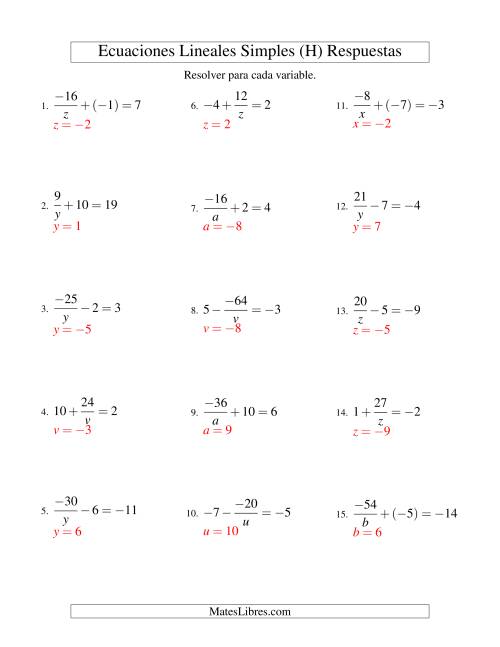 La hoja de ejercicios de Resolver Ecuaciones Lineales de la Forma a/x ± b = c con Valores Negativos (H) Página 2
