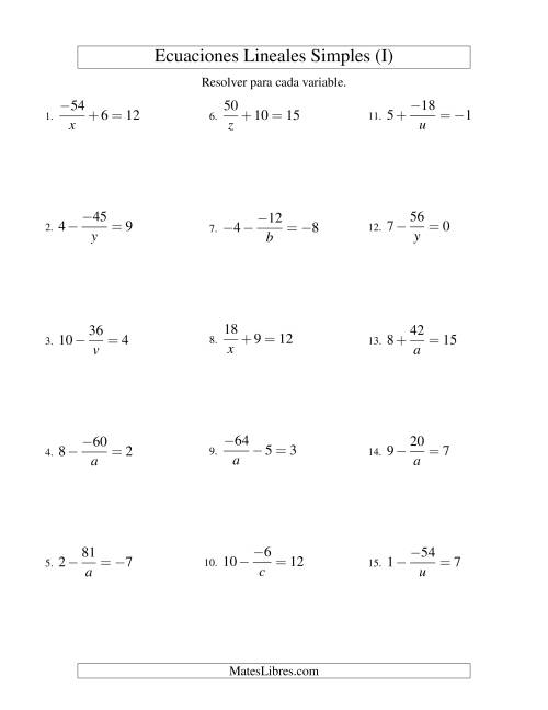 La hoja de ejercicios de Resolver Ecuaciones Lineales de la Forma a/x ± b = c con Valores Negativos (I)