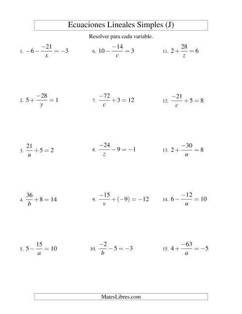 La hoja de ejercicios de Resolver Ecuaciones Lineales de la Forma a/x ± b = c con Valores Negativos (J)