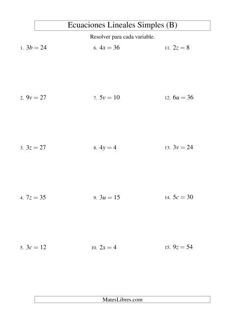 La hoja de ejercicios de Resolver Ecuaciones Lineales de la Forma ax = c sin Valores Negativos (B)