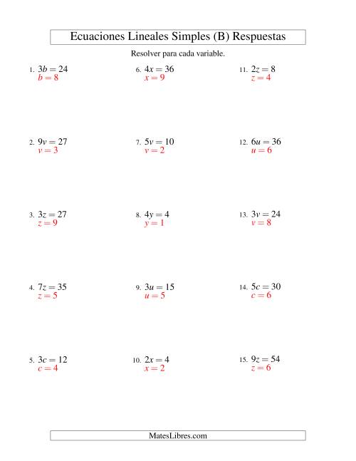 La hoja de ejercicios de Resolver Ecuaciones Lineales de la Forma ax = c sin Valores Negativos (B) Página 2