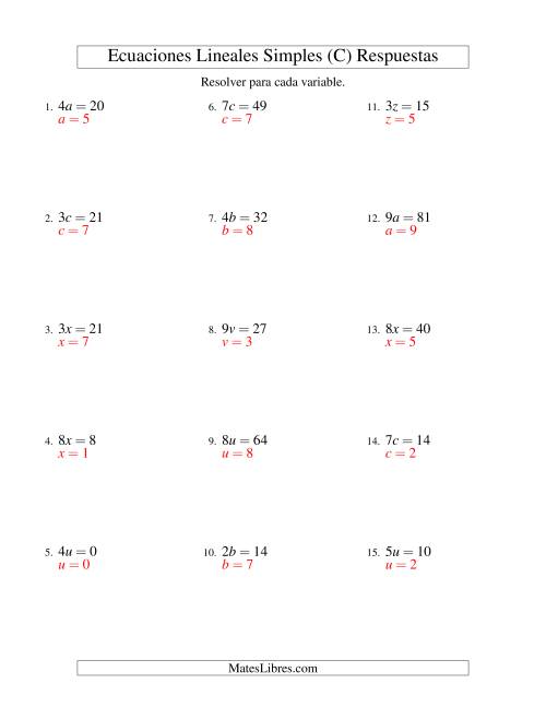 La hoja de ejercicios de Resolver Ecuaciones Lineales de la Forma ax = c sin Valores Negativos (C) Página 2