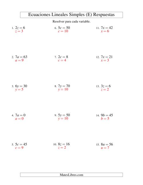 La hoja de ejercicios de Resolver Ecuaciones Lineales de la Forma ax = c sin Valores Negativos (E) Página 2