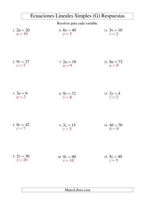 La hoja de ejercicios de Resolver Ecuaciones Lineales de la Forma ax = c sin Valores Negativos (G) Página 2
